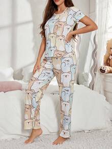 Conjunto de pijama de manga corta con estampado de oso de peluche lindo para mujer - Multicolor - Ver 6