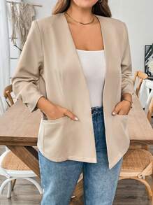 SHEIN Essnce 大码女装秋季休闲宽松卡其色长袖薄款西装外套，秋装，女士外套，办公室装，教师服，商务休闲女装，秋季女装上衣，老款 - 棕色 - 查看 4