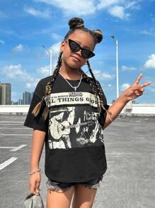 SHEIN Tween Girl Round Neck Short Sleeve T-Shirt, Casual Style, Letter And Guitar Print - Black - View 1