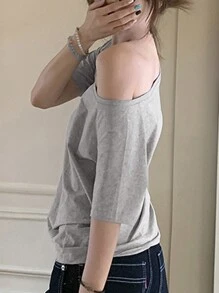 INAWLY Women's Asymmetrical Neck Short Sleeve Solid Color Minimalist Elegant T-Shirt