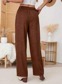 SHEIN VCAY 女士休闲纯色编织直筒裤（配腰带环） - 棕色 - 查看 2