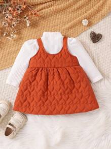 2 piezas/Conjunto Vestido de tirantes con decoración de corazón y floral para bebé niña, y cuello alto acanalado de manga larga, un conjunto de ropa cómodo y de moda para otoño e invierno - Café integral - Ver 2
