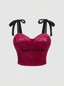 SHEIN MOD 大码女式勃艮第天鹅绒配黑色吊带吊带背心 - 紅色 - 查看 1