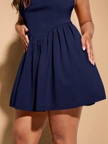 SHEIN BAE Váy ngắn chữ A dây rộng mùa hè ngọt ngào cho nữ cỡ lớn - Màu xanh hải quân - Xem 4