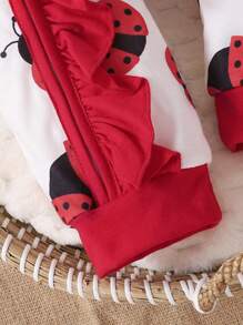 SHEIN 3pcs Baby Girl Ladybug Graphic Ruffle Hem Zipper Jumpsuit With Hat And Bow Headband Set, Comfortable For Everyday Wear, For Christmas - Red - View 7
