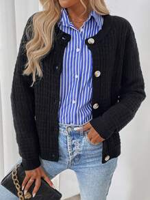 SHEIN LUNE 纯色前扣长袖开衫上衣，日常休闲穿着 - 黑色 - 查看 1