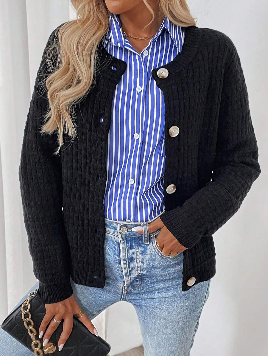 SHEIN LUNE 纯色前扣长袖开衫上衣，日常休闲穿着 - 黑色 - 查看 1