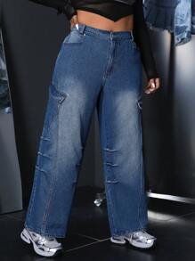 SHEIN ICON Plus Size Casual Washed Straight Leg Cargo Jeans - Blue - View 5