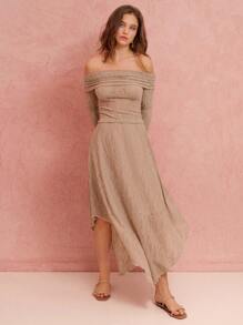 Enchnt Bộ 2 món áo trễ vai thanh lịch và chân váy viền bất đối xứng cho kỳ nghỉ mùa thu lãng mạn, trang phục hai mảnh - Màu Khaki - Xem 7