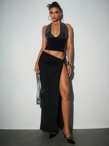 Aloruh 女士水钻装饰高顶镂空毛衣 - 黑色 - 查看 6