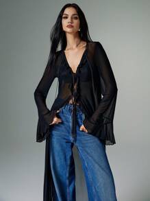 Poéselle 女式纯色 Y2K 荷叶边网眼喇叭袖前系带长款时尚衬衫