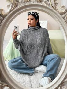 Flirla Plus Size Fashionable Loose Batwing Sleeve Cable Knit High Neck Sweater Knit Pullover Fall Winter - Grey - View 5