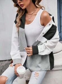 SHEIN LUNE Women's Loose Color Block Drop Shoulder Long Sleeve Casual Jacket, Spring Autumn - Black and White - View 5
