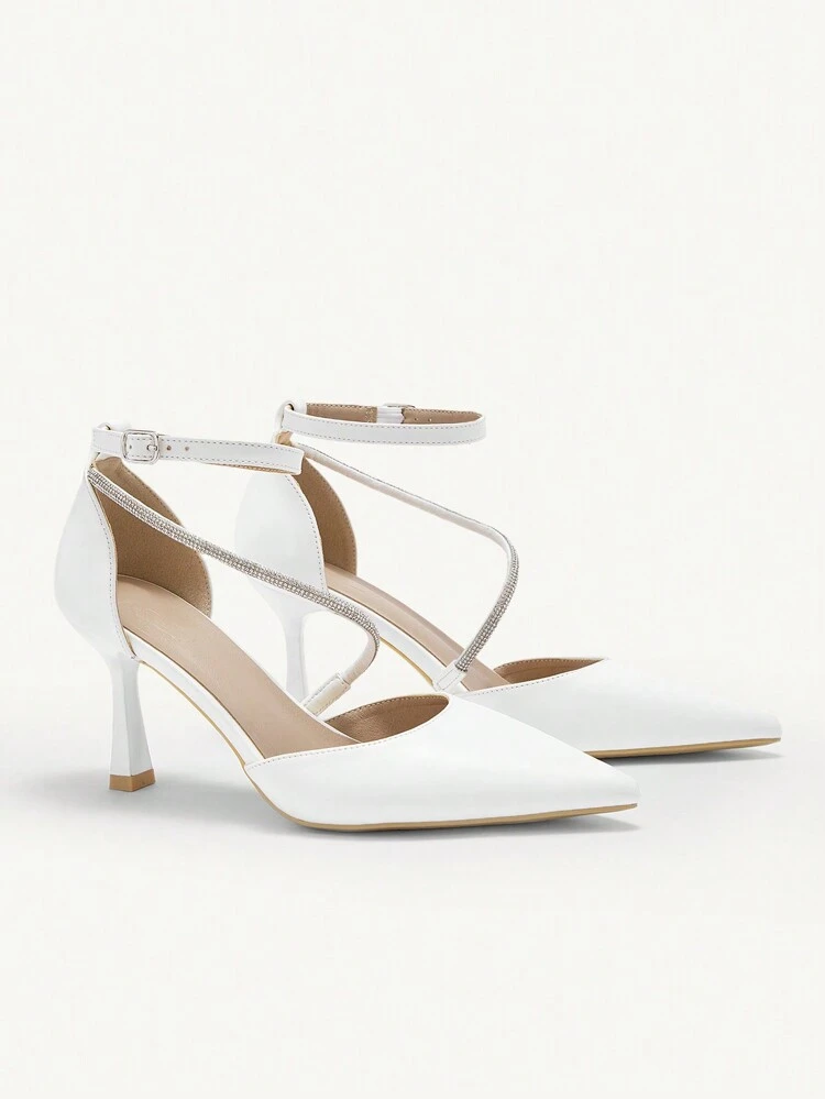 CUCCOO CHICEST Fashion White Ankle Strap Pointed Toe High Heel Shoes For Women, Suitable For Commuting, Dating, Party, Wedding, Vacation Summer Shoes Summer Break Easter Prom Heels For Christmas Elegant Shoes Wedding Shoes Summer Shoes Bride Shoes