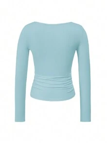 Áo thun dài tay cổ vuông dáng ôm Vaiaye dành cho nữ mùa xuân/hè phong cách Y2K, màu trơn, gợi cảm, thích hợp cho ngày Valentine. - Màu xanh ngọc - Xem 4