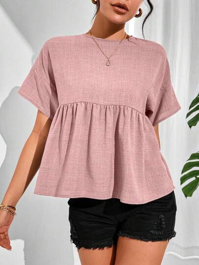 SHEIN Essnce Women's Summer Solid Color Round Neck Batwing Short Sleeve Ruffle Hem Loose Babydoll Top