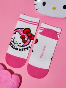 HELLO KITTY AND FRIENDS | SHEIN 3双装女士卡通猫咪字母图案蝴蝶结粉色撞色短袜，情人节