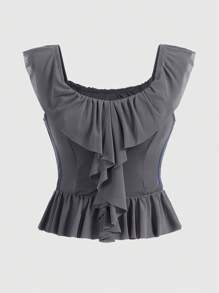 Forever 21 Fashionable Mesh Floral Top With Contrast Woven Belt And Ruffled Collar - Grey - View 1