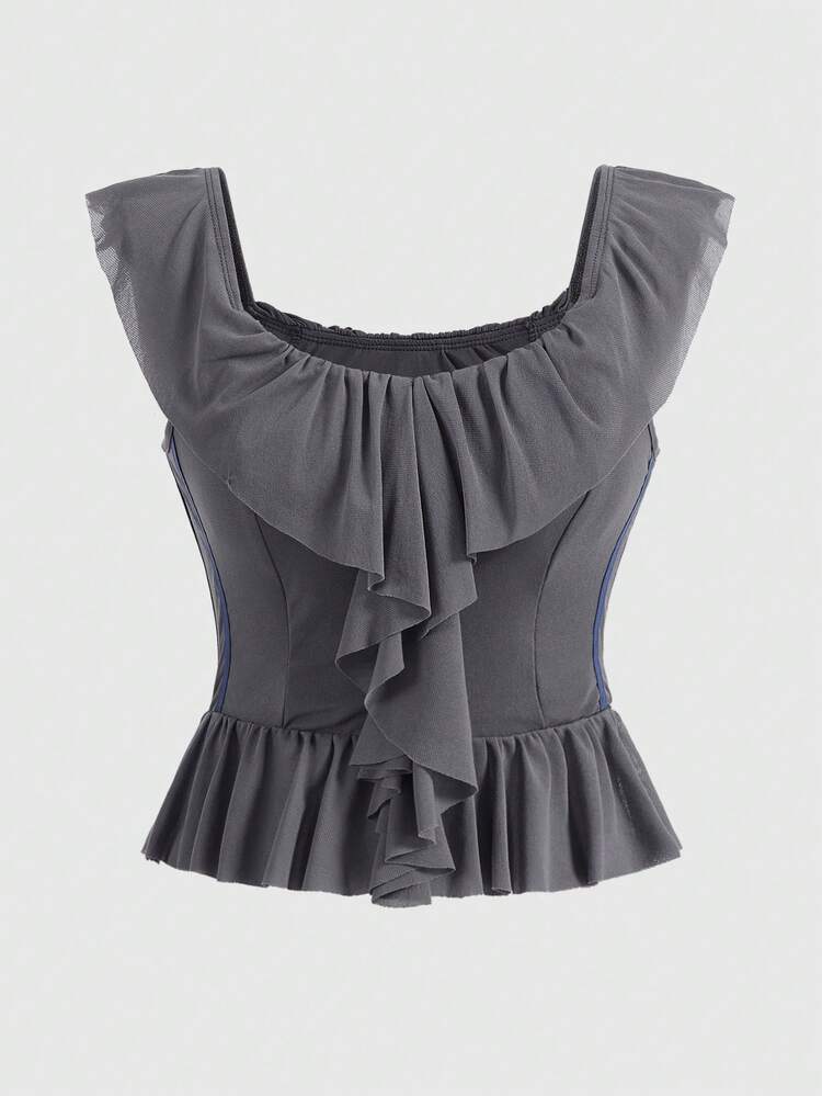 Fashionable Mesh Floral Top With Contrast Woven Belt And Ruffled Collar