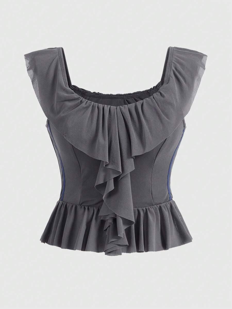 Forever 21 Fashionable Mesh Floral Top With Contrast Woven Belt And Ruffled Collar - Grey - View 1