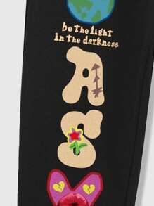 ROMWE MEN Street Life Men's Slogan Printed Sweatpants Suitable For Daily Wear In Spring And Summer, School - Black - View 5