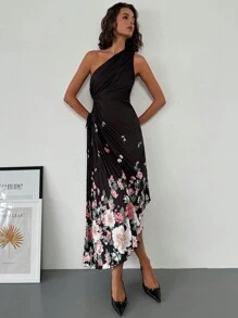 SHEIN Privé Women's Elegant Floral Print Cinched Waist High-Low Dress For Summer - Black - View 2