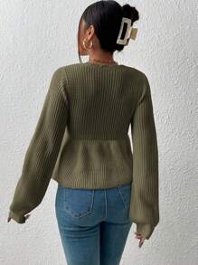 Firerie Áo len dài tay thường ngày cổ chữ V sâu màu trơn, tay dài, dáng rộng, thích hợp mặc vào mùa thu/đông - xanh quân đội - Xem 2