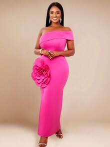 Sexy One Shoulder Tube Floral Bodycon Dress - Hot Pink - View 3