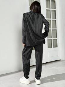 SHEIN EZwear 2 piezas Conjunto de traje de negocios a rayas negro y blanco, chaqueta y pantalones, otoño e invierno - Blanco y Negro - Ver 2