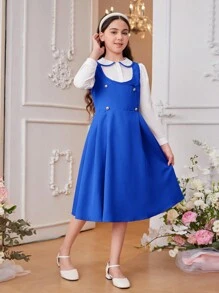 SHEIN WESTFADE Young 2pcs Tween Girls' Round Neck Shirt & Double Button Strap Dress Two-Piece Set,  College Style