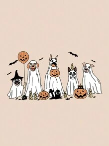 INAWLY 女士万圣节小狗和南瓜印花羊毛运动衫 - 杏色 - 查看 4