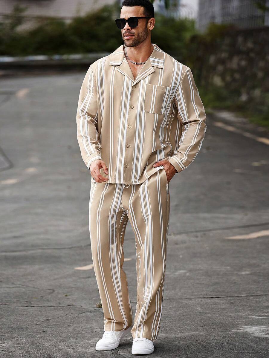 Manfinity Homme Men's Plus Size Spring Autumn Casual Striped Long Sleeve Shirt & Pants Set - Khaki - View 1