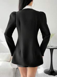 Modelyn Women's Colorblock Puff Sleeve Stand Collar Elegant Blazer Jacket, Spring/Autumn - Black and White - View 2