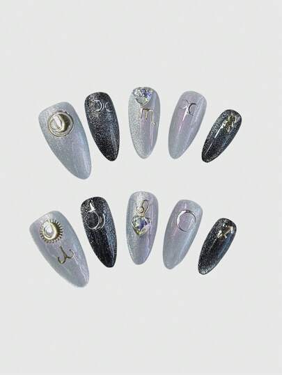 Fairycore 10 pezzi Unghie finte fatte a mano per Ognissanti con decorazione a costellazione + 3 fogli di nastro biadesivo, stickers per unghie rimovibili decorati con strass e dipinti a mano, smalto colorato lucente di alta qualità, adatto per festival, feste, ballo e uso quotidiano