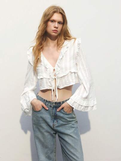 Maija Women's Solid Color Ruffle Tie-Front Bell Sleeve Crop Top, Flowing Blouse For Spring/Summer