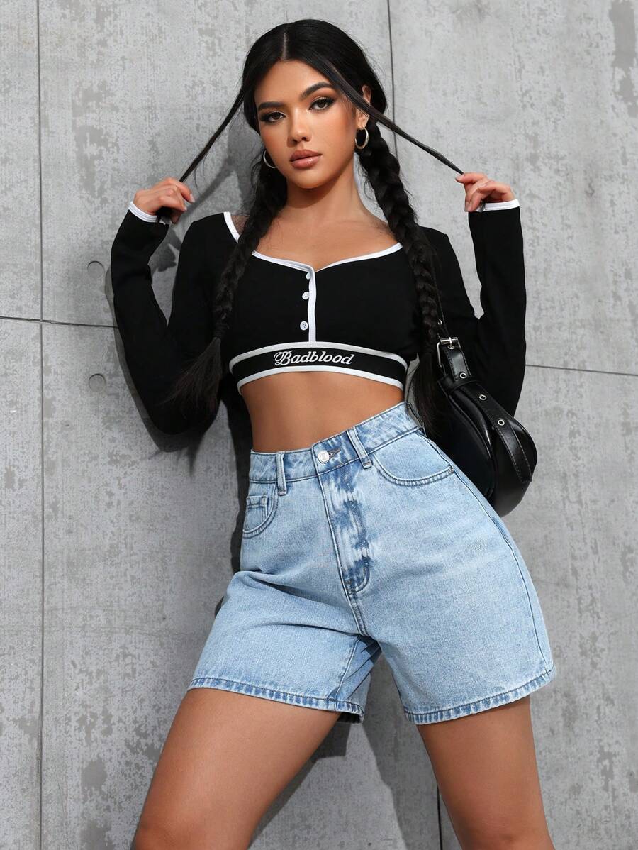 SHEIN ICON 女士休闲洗水牛仔短裤，夏季 - 中等水洗藍 - 查看 1