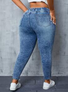 SHEIN CURVE+ 大码女式纯色简约休闲绑带牛仔裤 - 中等水洗藍 - 查看 2