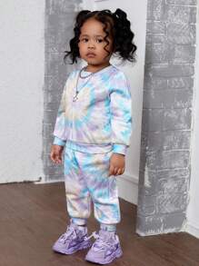 SHEIN Leap Crew NovaGlow 女婴两件套可爱扎染印花长袖卫衣和松紧腰裤套装，加厚抓绒，秋冬款 - 彩色 - 查看 3