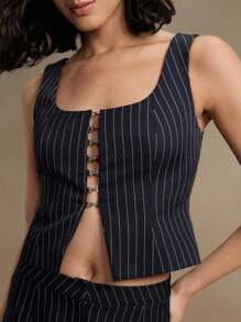Anewsta 2pcs Set Of 2024 Spring Summer New Style Spaghetti Strap Cardigan, Stripe Pattern Vest And Skirt