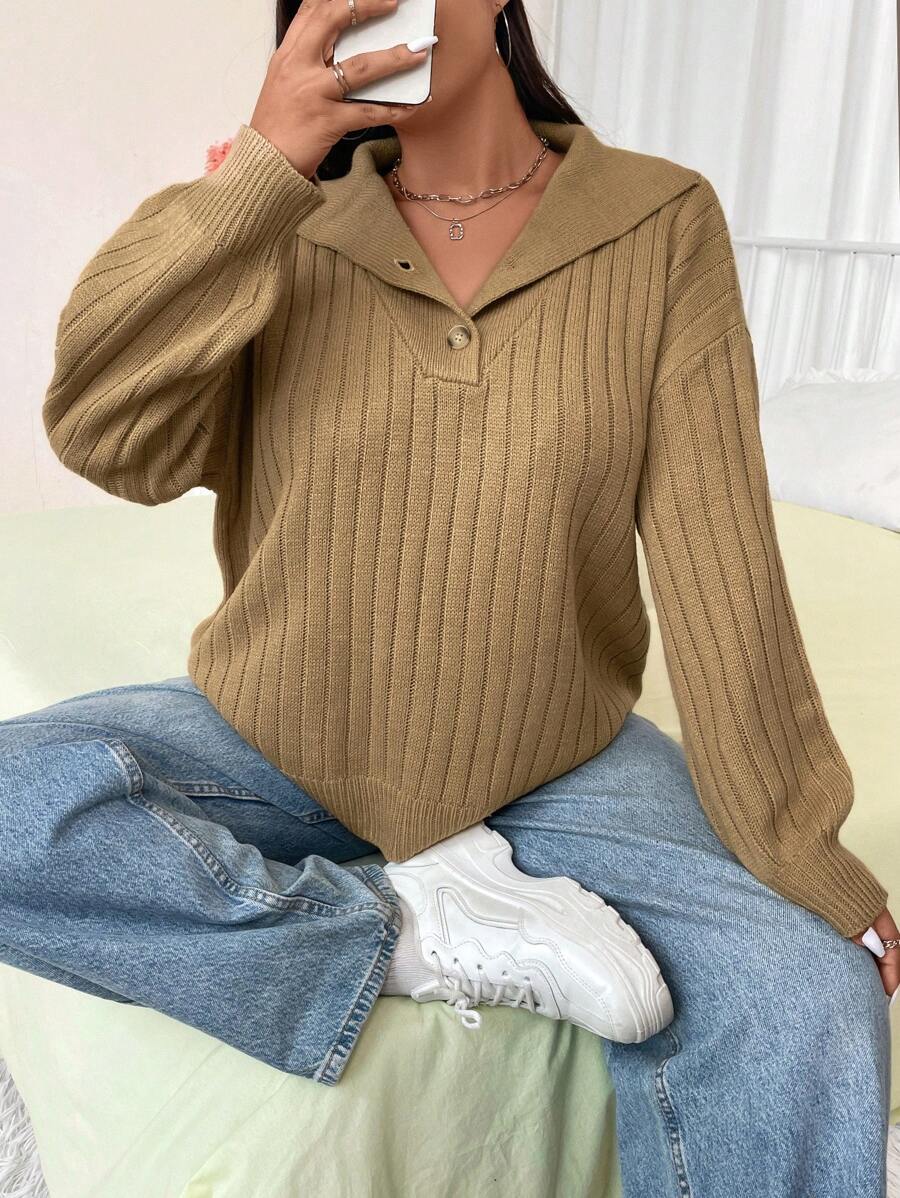 Flirla Plus Size Simple Solid Color Half Button Long Sleeve Sweater Knit Pullover Fall Winter - Khaki - View 1