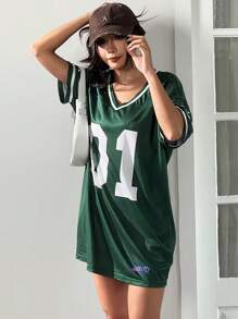 SHEIN EZwear 运动号码图案足球球衣 T 恤连衣裙 - 綠色 - 查看 6