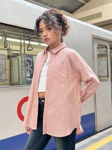 SHEIN 少女纯色梭织修身休闲长袖衬衫 - 藕粉色 - 查看 6
