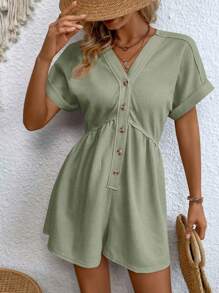 SHEIN Clasi 純色V領前扣夏季短袖連體褲 - 軍綠色 - 查看 3