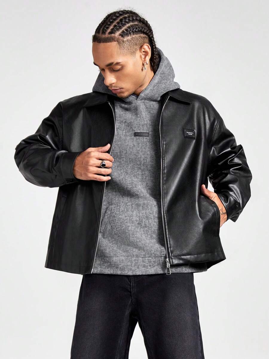 Manfinity VCAY Men's PU Leather Long Sleeve Casual Shacket - Black - View 1