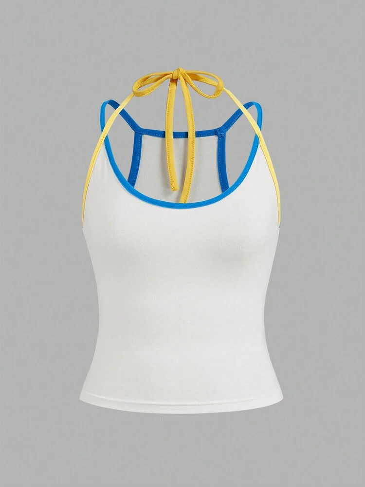 Summer Basic Color Block Trim Slim Fit Short Cropped Halter Top