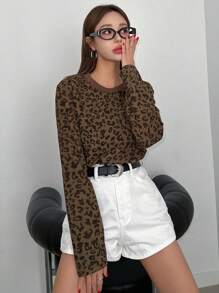 DAZY Leopard Print Round Neck Loose Short Sleeve T-Shirt For Women,Fall Clothes,Back To School Clothes Long Sleeve Women Tops