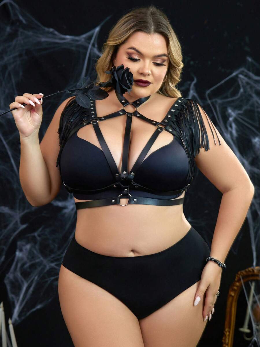 Plus Size Tassel Backless Faux Leather Provocative Lingerie Set - Black - View 1