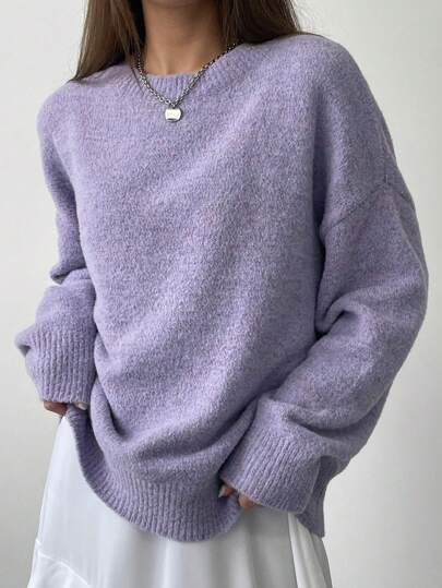 Dazy-Less Femmes Couleur Unie Minimaliste Col Rond Manches Longues Pull Tricoté, Hauts à Manches Longues, Vêtements d'Automne