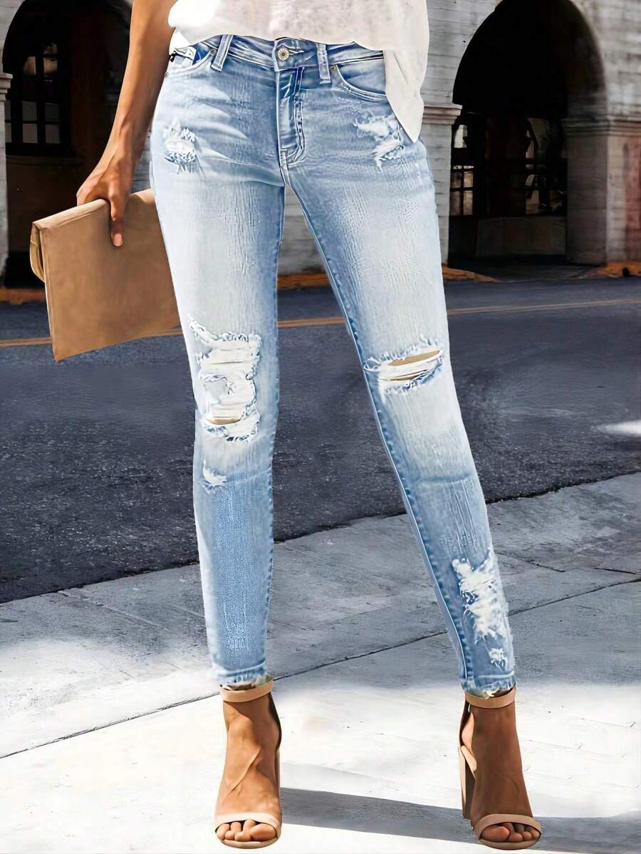 ARWY Jeans Skinny Rotos de unicolor Minimalistas para Uso Diario, Estiramiento Medio Primavera Otoño para Mujeres - Azul lavado medio - Ver 1