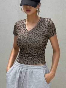 DAZY Women's All-Over Print V-Neck Short Sleeve T-Shirt, Summer Tee - Brown - View 3